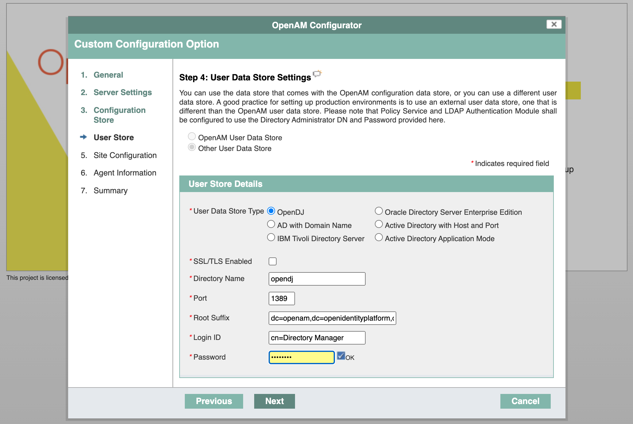 OpenAM Configuration 5 User Data Store Settings