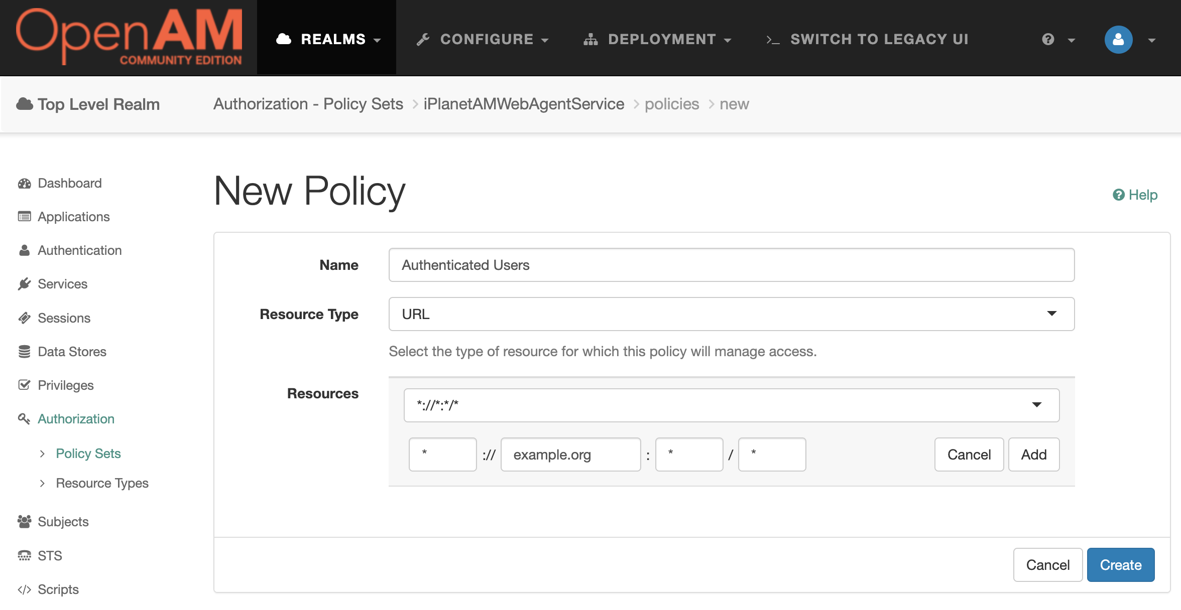 OpenAM Console New Policy