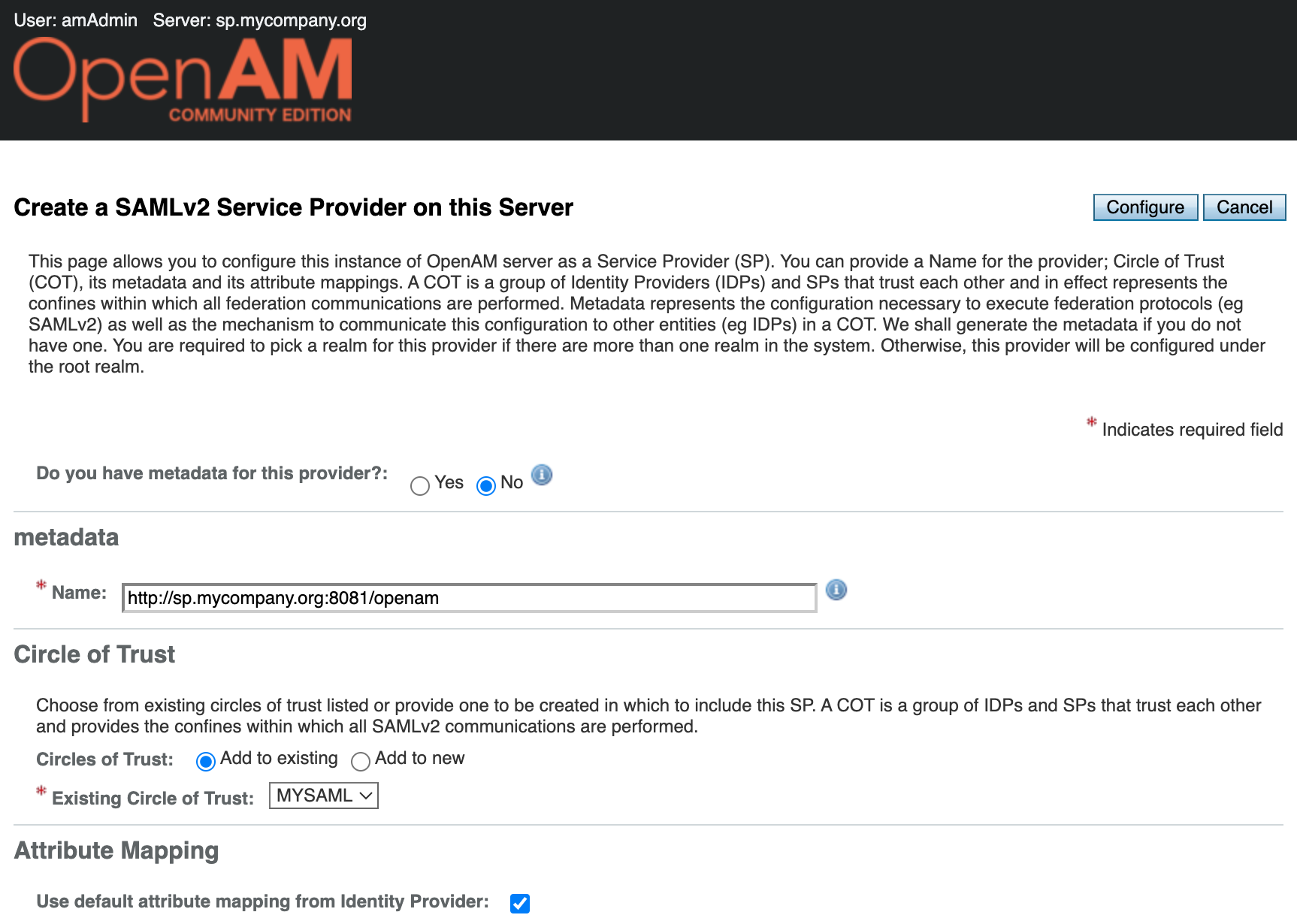 OpenAM hosted service provider settings