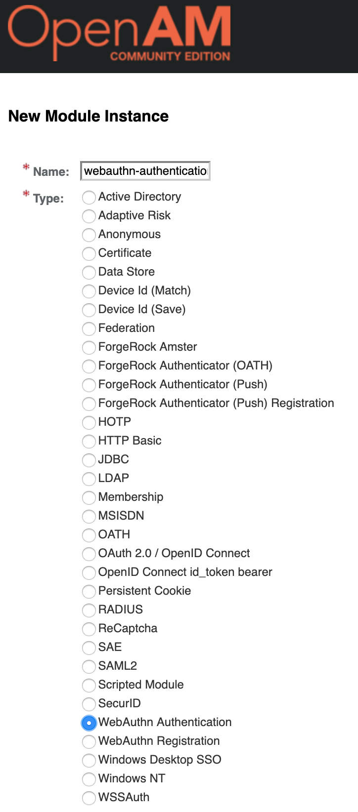 OpenAM Create WebAuthn Registration Authentication Module