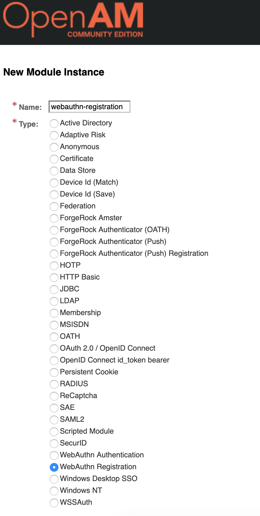 OpenAM Create WebAuthn Registration Authentication Module