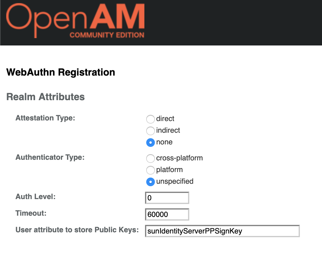 OpenAM  WebAuthn Registration Authentication Module Settings